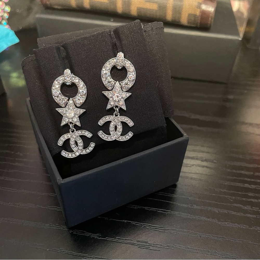 Chanel Silver Crystal Drop Earrings